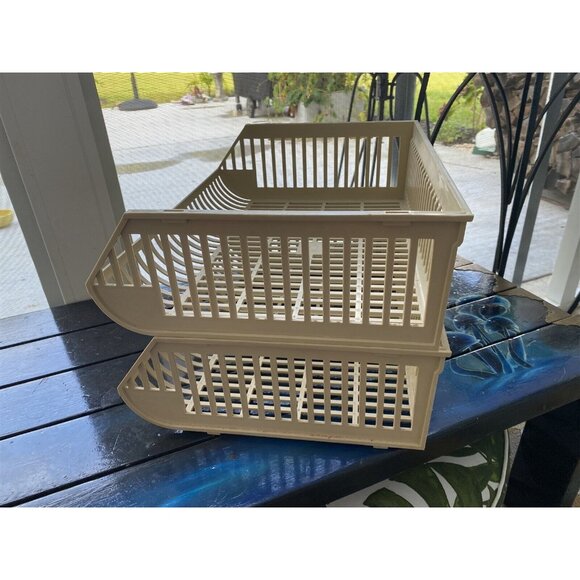 Desk Organizer Paper Tray Office Storage 2 Tier Plastic Beige Retro - Picture 3 of 6
